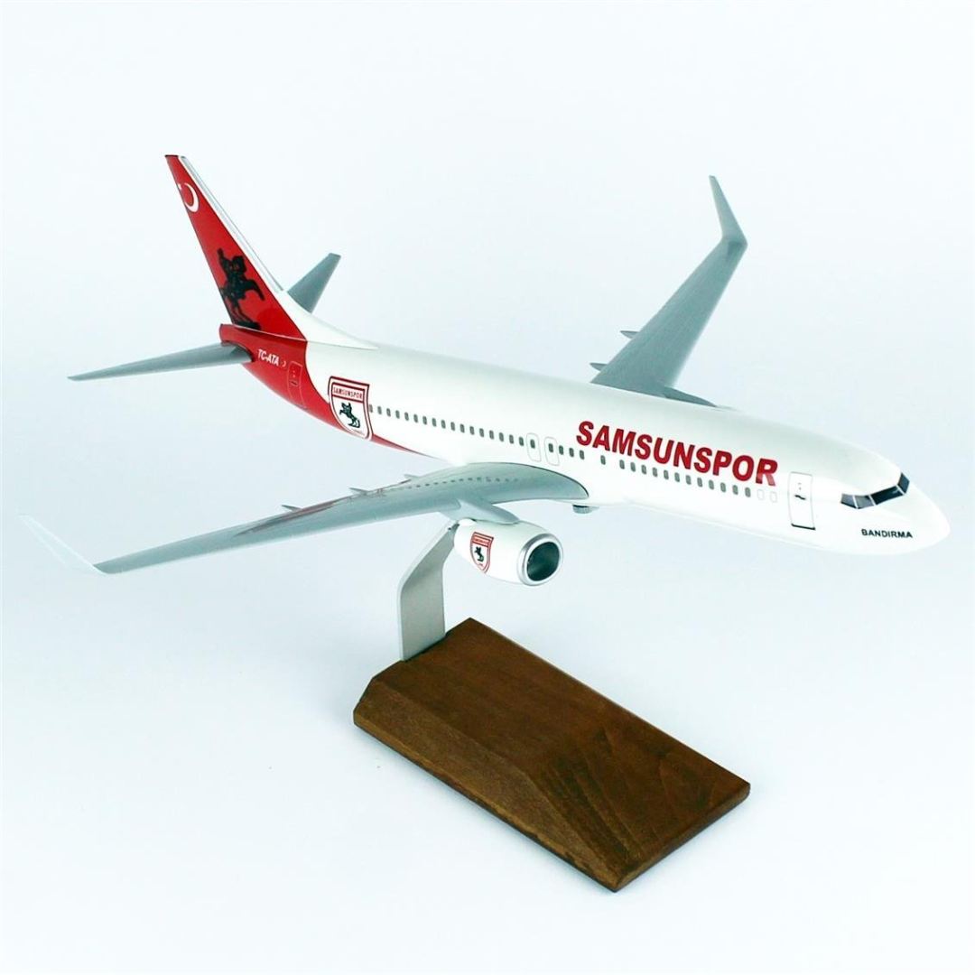 1/100 Ölçek, THY Samsun Spor Logolu B737-800 Yolcu Uçağı, Sergilemeye Hazır Ahşap Standlı Model
