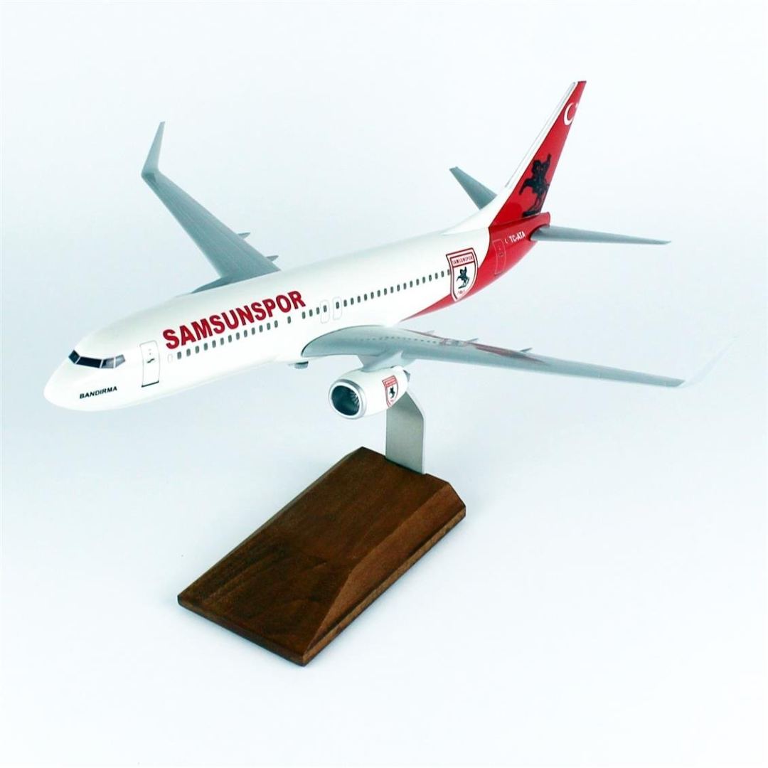 1/100 Ölçek, THY Samsun Spor Logolu B737-800 Yolcu Uçağı, Sergilemeye Hazır Ahşap Standlı Model