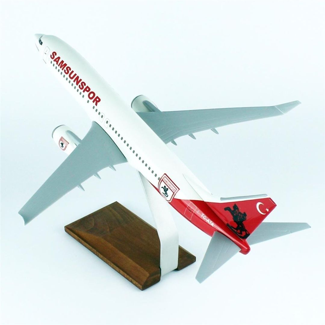 1/100 Ölçek, THY Samsun Spor Logolu B737-800 Yolcu Uçağı, Sergilemeye Hazır Ahşap Standlı Model