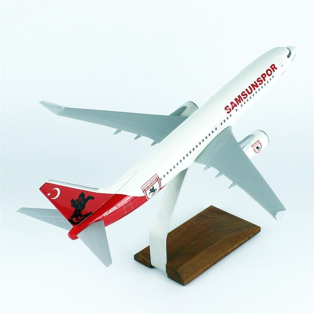 1/100 Ölçek, THY Samsun Spor Logolu B737-800 Yolcu Uçağı, Sergilemeye Hazır Ahşap Standlı Model