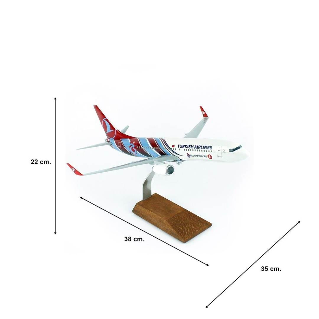 1/100 Ölçek, THY Trabzon Spor Logolu B737-800 Yolcu Uçağı, Sergilemeye Hazır Ahşap Standlı Model