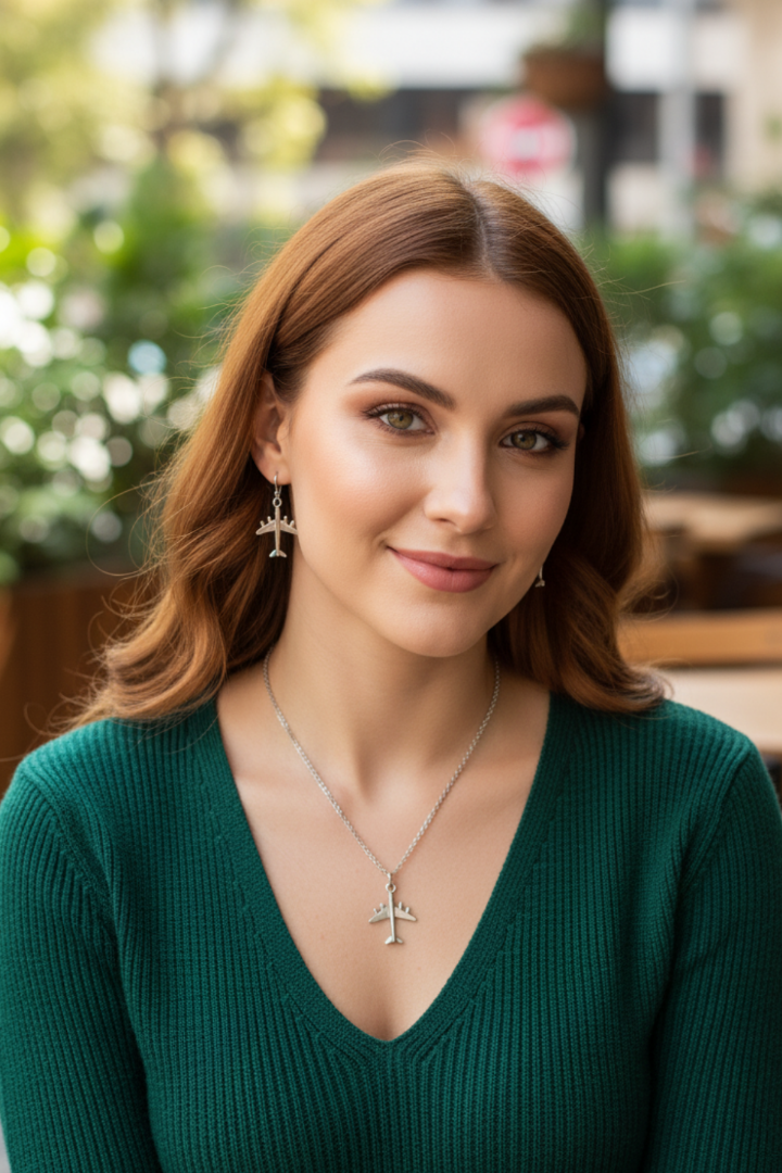 Uçak Figürlü Kolye ve Küpe Seti – 55 cm Çelik Alaşım – Şık Takı Seti