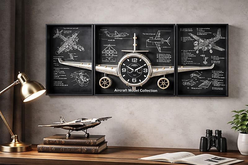 Uçak Duvar Saati & Dekoratif Metal Uçak Pano 3 lü 