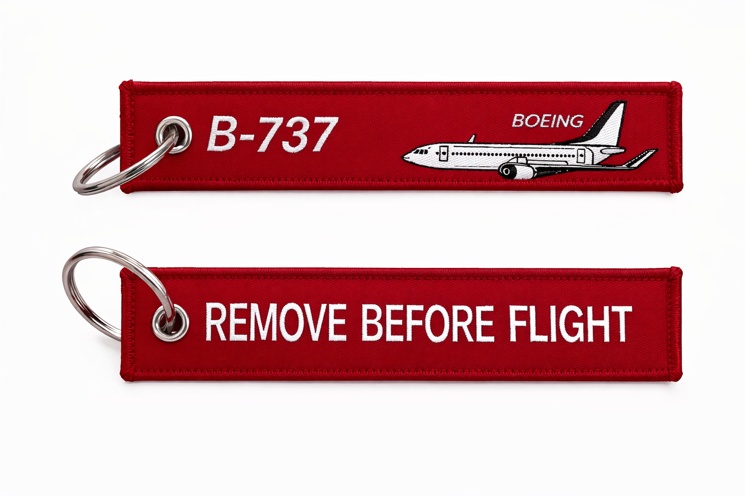 Boeing 737 Remove Before Flight Nakışlı Anahtarlık – Havacılık Temalı Kırmızı Tag 12x3 cm